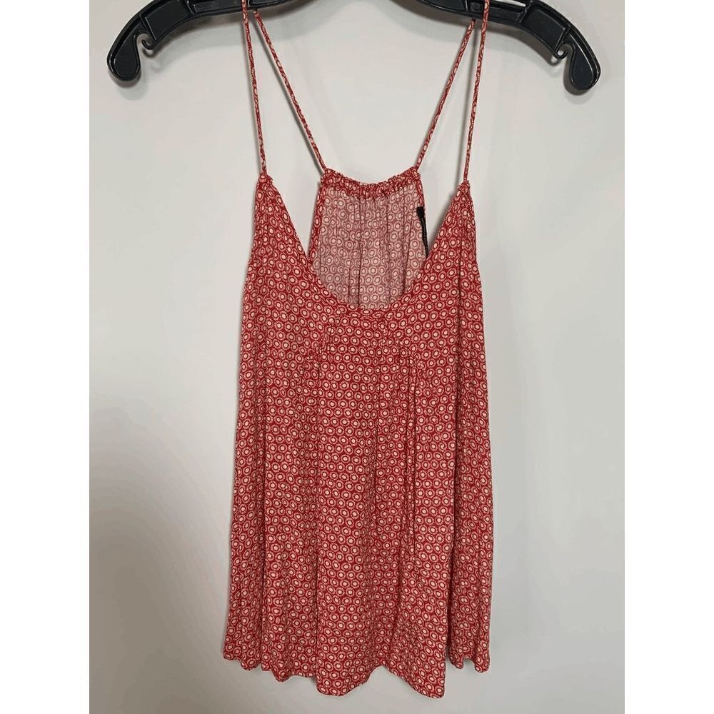 Monoprix Femme Women's Round Cream Pattern Spaghetti Flowy Red Top Size 38 Mediu